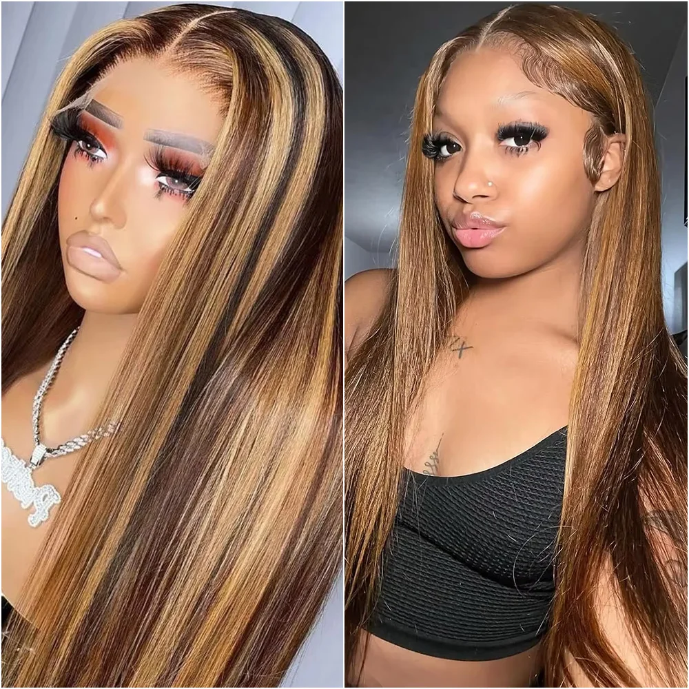 Bone Straight P4/27 Ombre 13x4 Highlight Lace Front Human Hair Wig Honey Blonde Colored 13x6 HD Transparent Lace Frontal Brazilian Wigs For Women