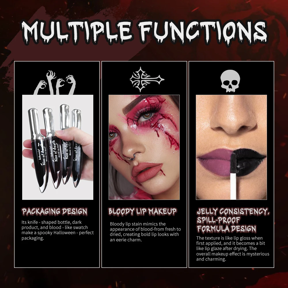 Lakerain Fake Bloody Lip Gloss Long Lasting Waterproof Spill-proof Gel-like Matte Lip Tinting Halloween Party Lip Cosmetics