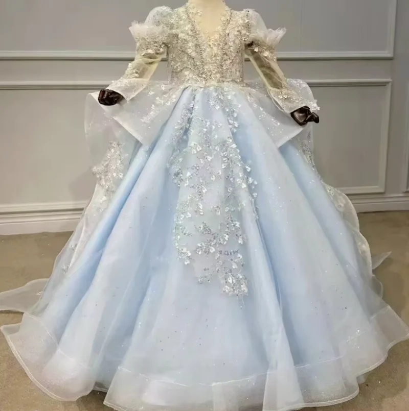 

Light Blue Ruffles Heavy Beaded Flower Girls Wedding Party Dress Little Princess Birthday Gowns Girl Dresses Party Pageant Dress