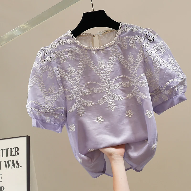 

Faionable Heavy Embroidery round Ne Bubble Sve ort irt Design Loose Women's Top Breathable Comfortable Cotton Blend