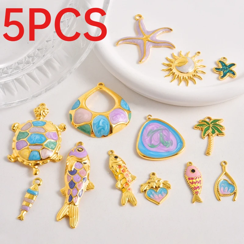 5Pcs Stainless Steel DIY Jewelry Accessories Fish Starfish Charms Ocean Animal Enamel Pendants Single Charm