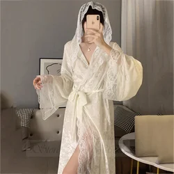 Plus Size Female Velvet Long Robe White Hooded Lace Trim Wedding Dress Nightgown Bathrobe Autumn Velour Home Dress Lounge Wear