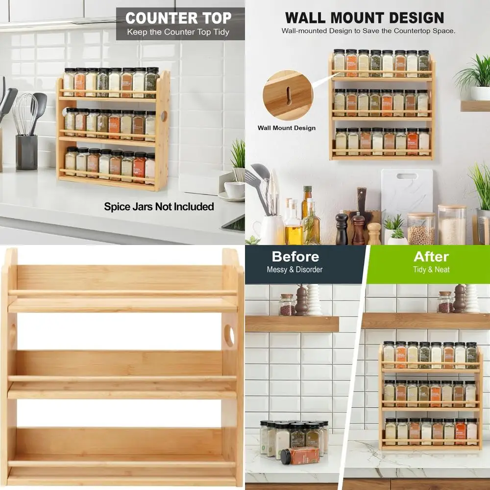 

Трехъярусный органайзер для специй из натурального бамбука, настенное или на стойке, кухонная полка с ручками, банки в комплект не входят