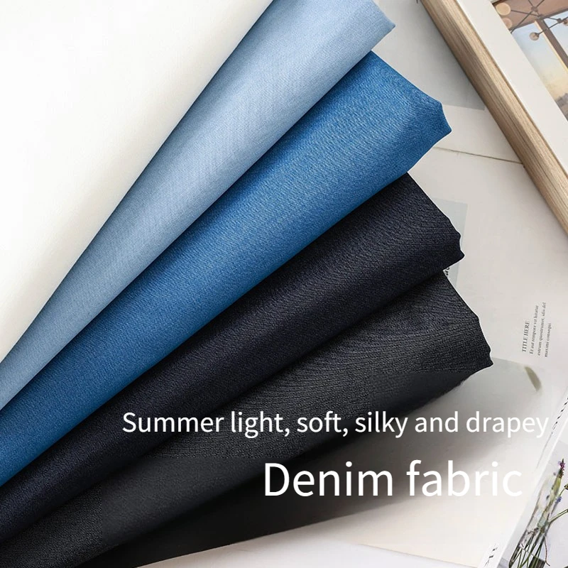 Summer Elastic Denim Fabric By The Meter for Jeans Dress Short Sleeves Shirt Diy Sewing Cloth Soft Comfortable Lightweight Blue