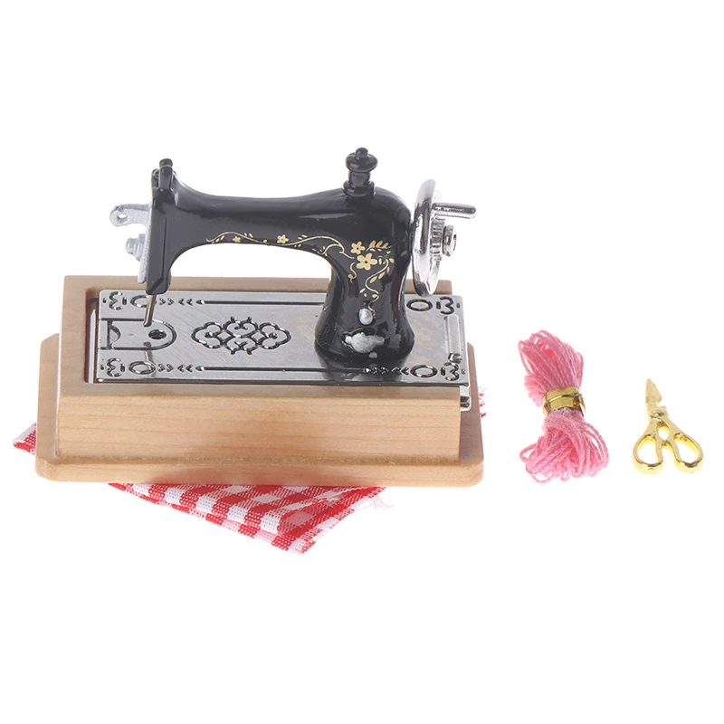 1/12 Dollhouse Miniature Sewing Machine with Scissors Thread Cloth