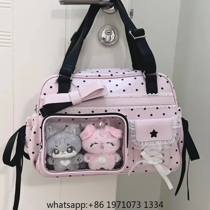 Japanese Sweet Cute Pink Bow Shoulder Bag Women Polka Dot Lace Large Capacity Anime Doll Ita Bag Ladies Harajuku Crossbody Bags