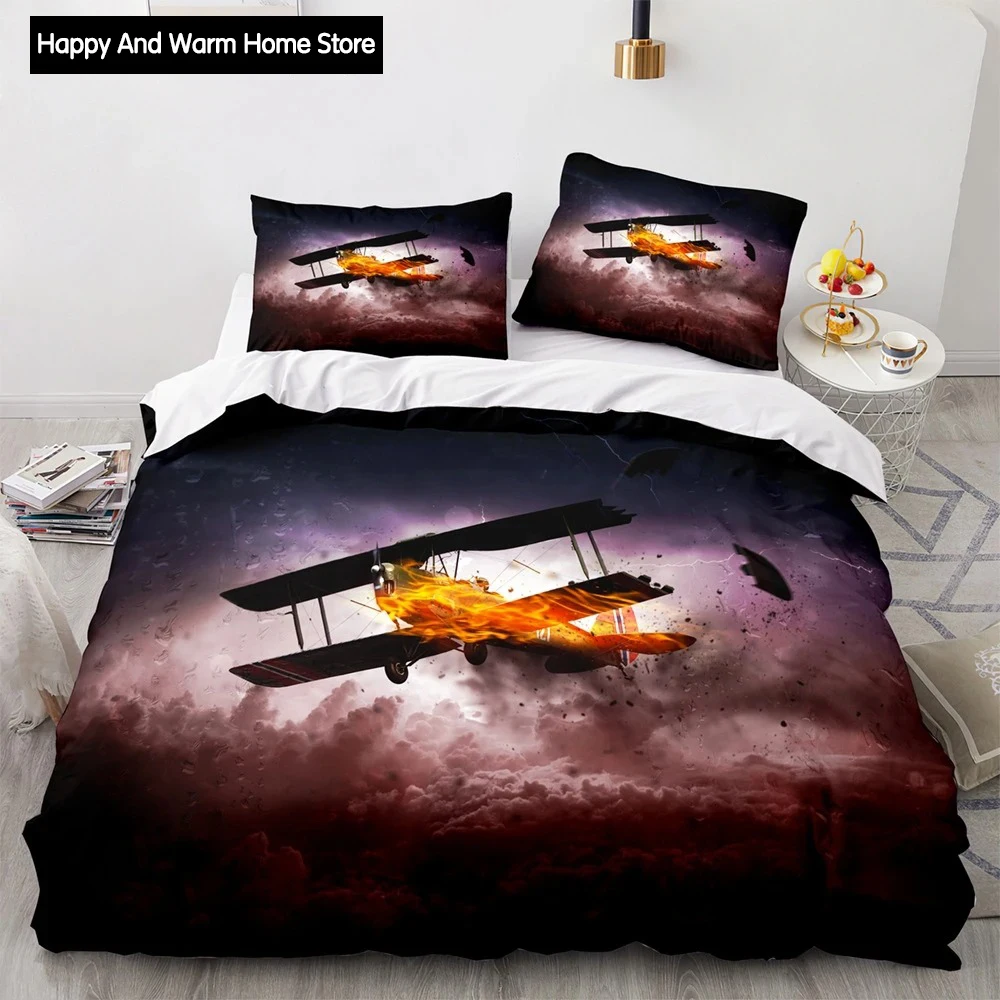 Airplane King Queen Full Duvet Cover Vintage Fighter Bedding Set for Boys Teens Adults Sky Clouds Grey 2/3pcs Soft Quilt Cover