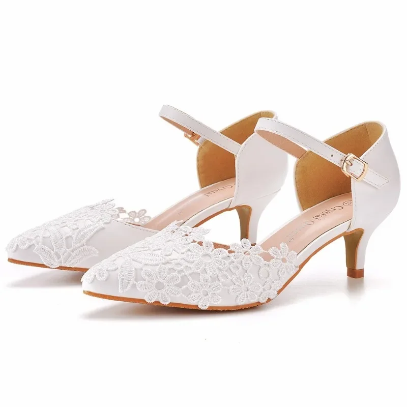 Pumps Women Heeled Sandals Wedding Lace Buckle Strap PU 5CM Thin Heels Japanese Style Women Party Prom Shoes White Stiletto