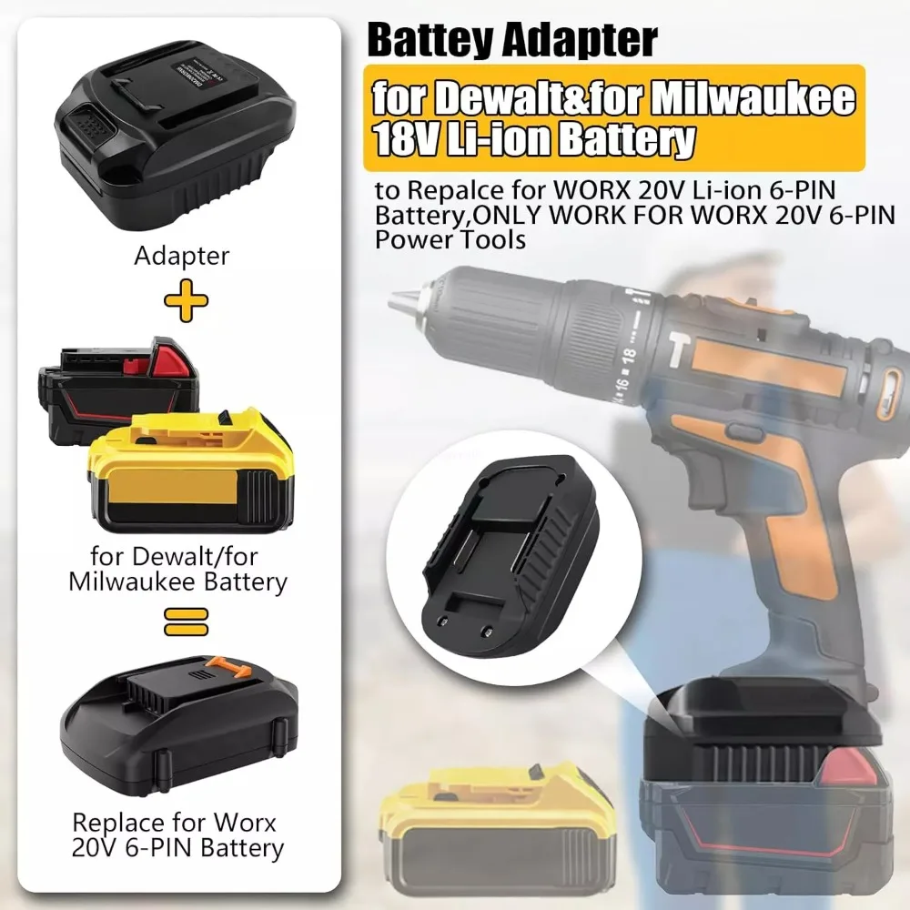 Battery Adapter for Dewalt 18V 20V for Milwaukee 18V Li-ion Battery Convert to for Worx 20V 6PIN Power Tools Drill