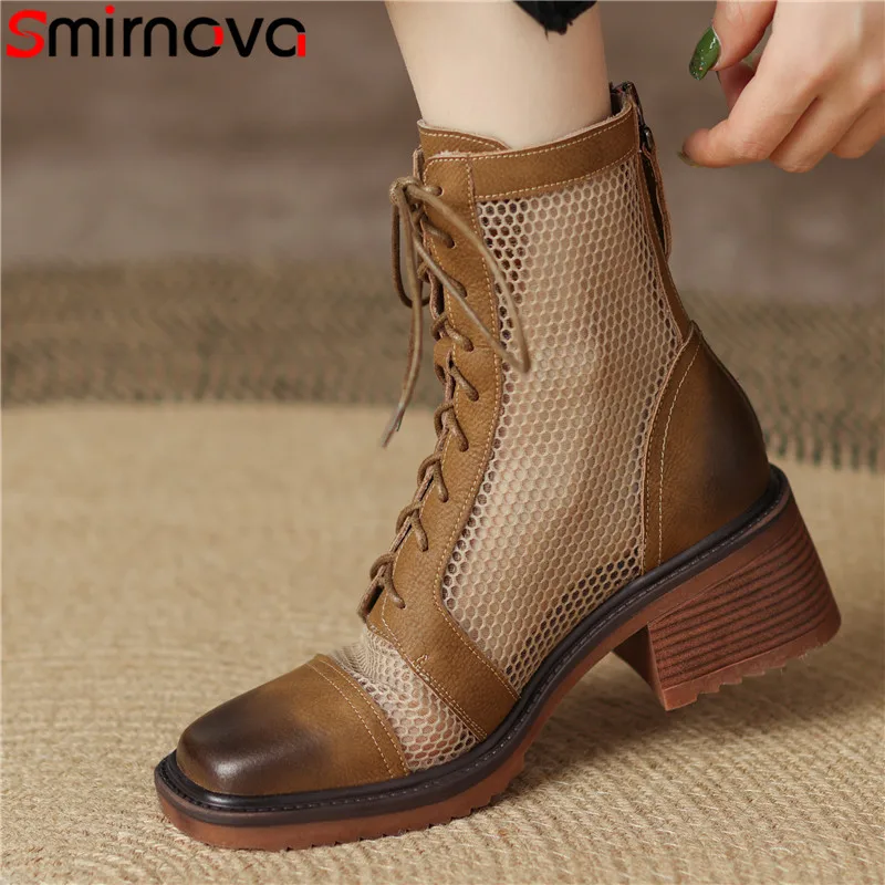 

Smirnova 2023 New Retro Genuine Leather Ankle Boots Narrow Band Square High Heels Platform Shoes Zipper Ladies Mesh Summer Boots