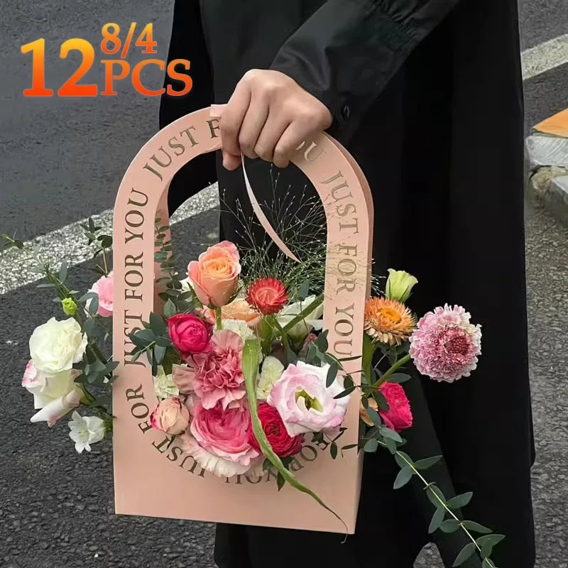 4-12PCS Valentine's Day Hollow Folding Handheld Flower Basket Simple Flower Box Paper Handbag Gift Flower Arrangement Box