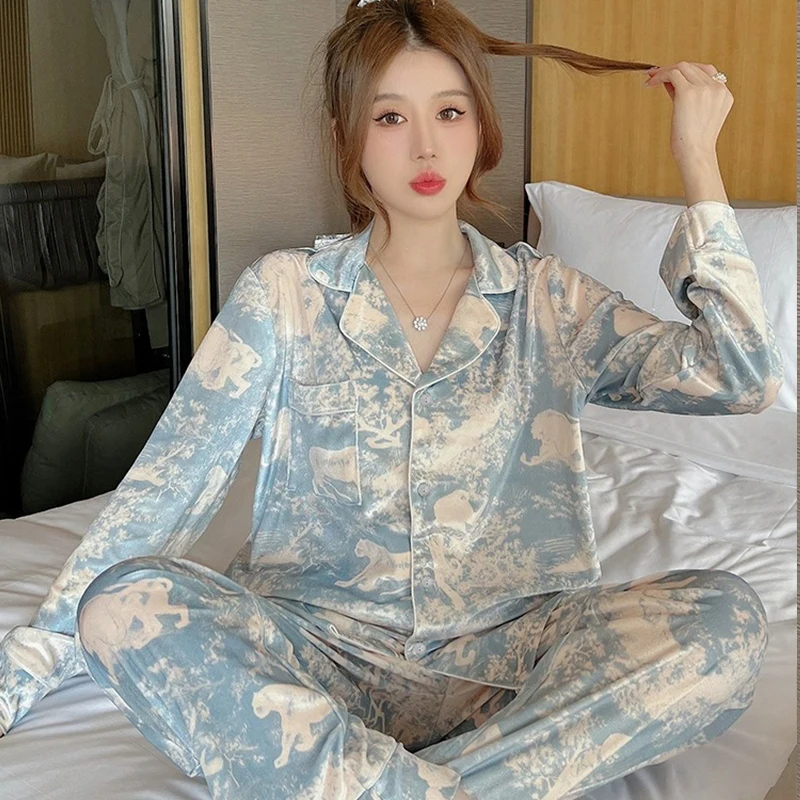 2024 Spring Autumn New Ice Silk Soft Clothes Sets Lapel Button Cardigan Women Sets Luxury Two Pieces Blue Bandhnu Women Pajama