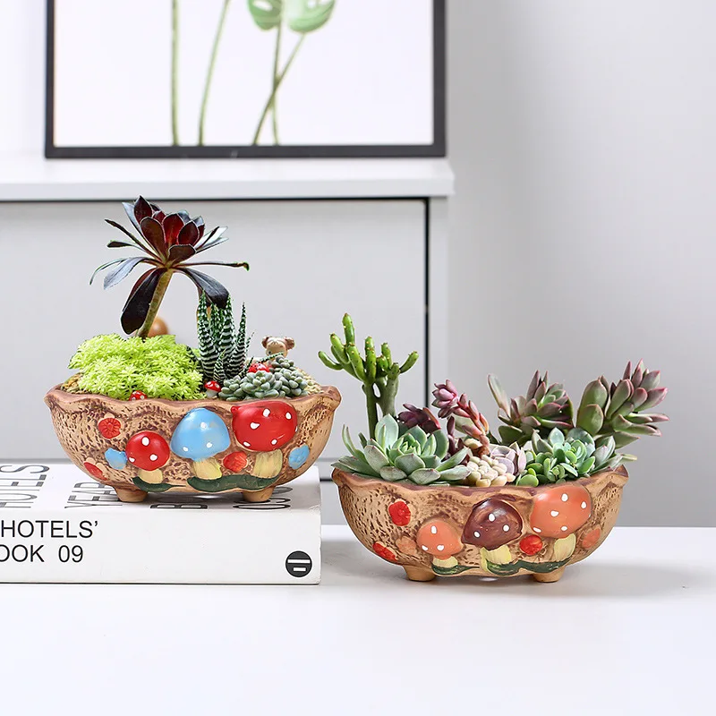 Korean Style Hand Painted Mushroom Succulent Planter, Cute Ceramic Pot for Mini Cactus Dish Garden, Colorful Home Decor