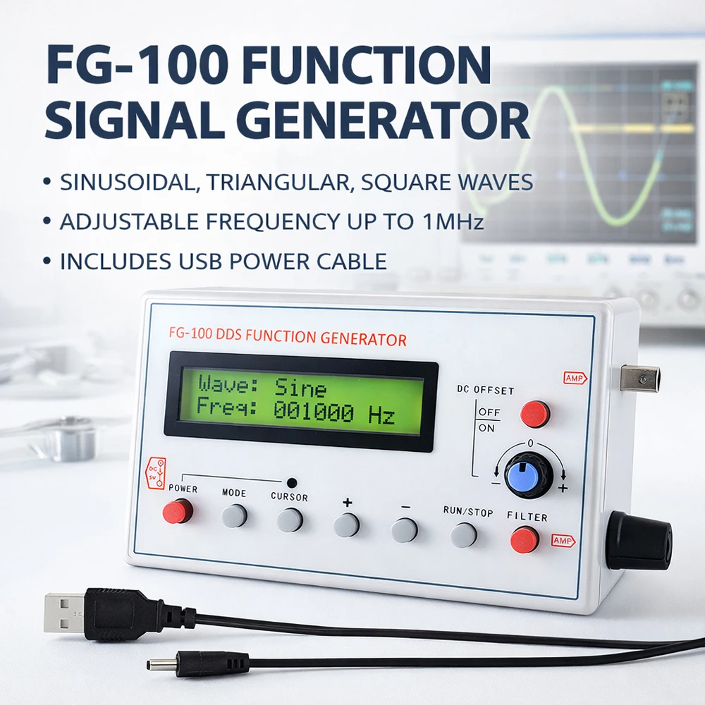 FG-100 DDS Function Signal Generator 1Hz-500kHz Sine Square Triangle Waveform Output USB 5V Powered Frequency Tester