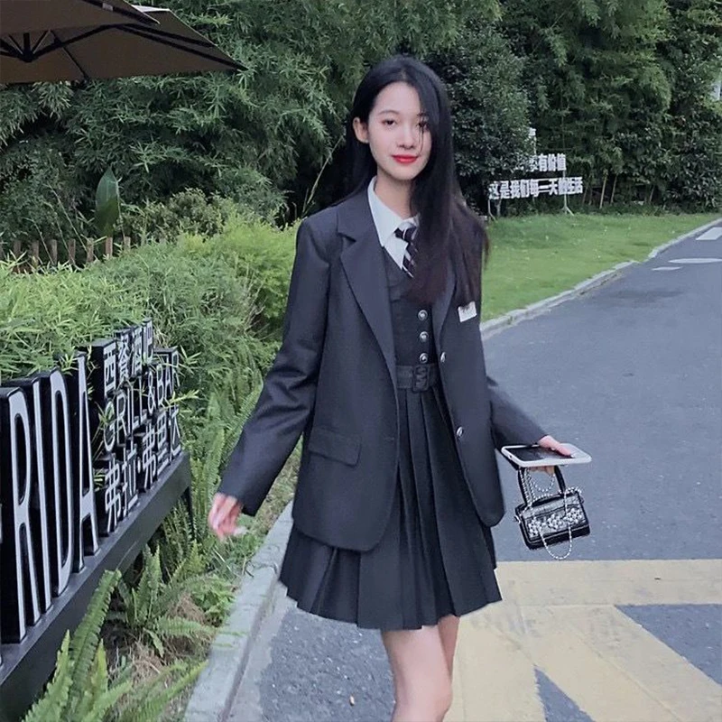 Korean Style2022Autumn Coat women Shirt+Blazer Jacket+Buttonup  Pleated Dress JK Uniform New Three-piece Suit Skirt Lolita Dress