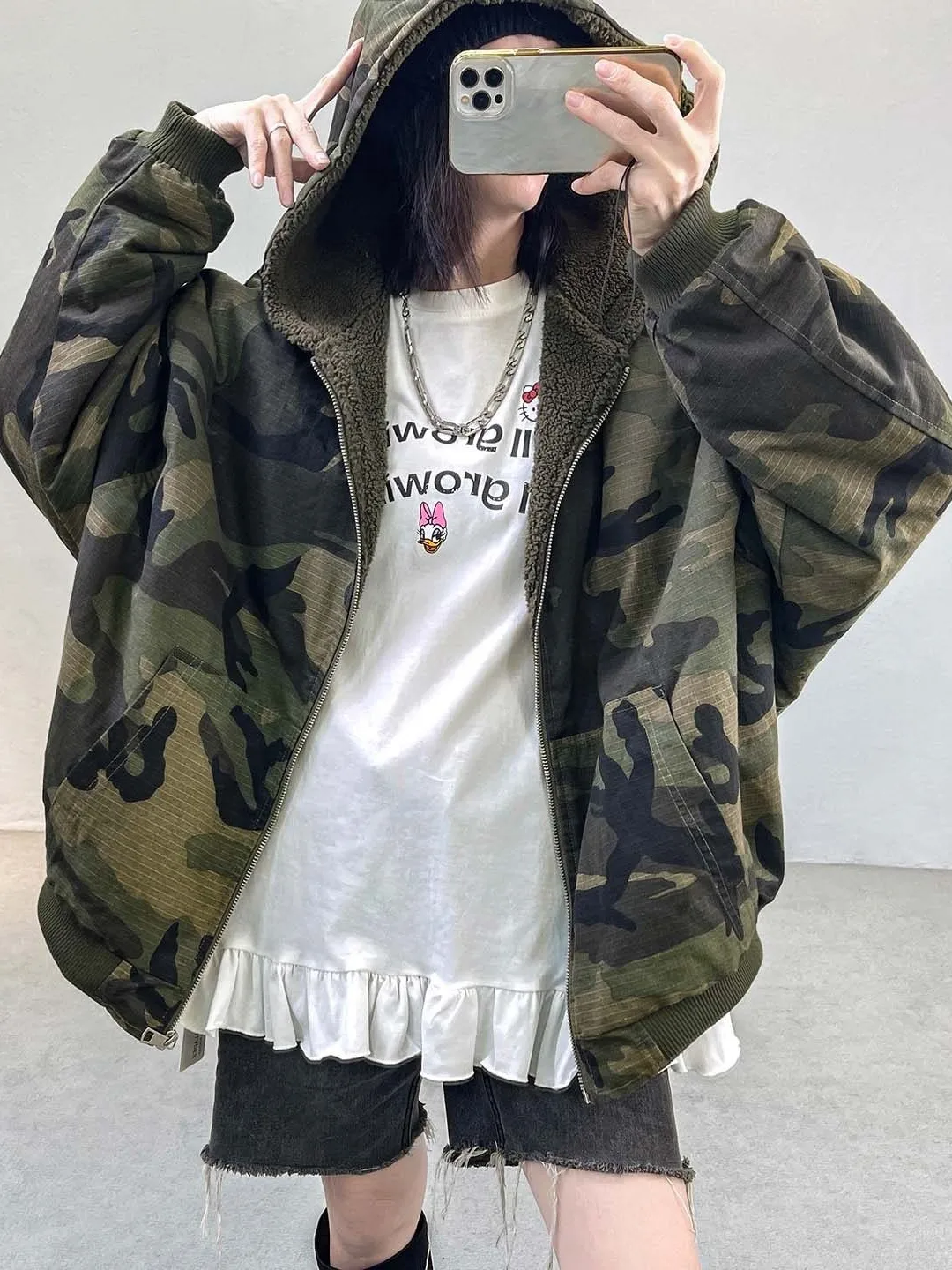 American Style Casual Camouflage Hooded Short Jacket Women Loose Zipper Cotton Clothes Versatile Casual Cotton Ins Style