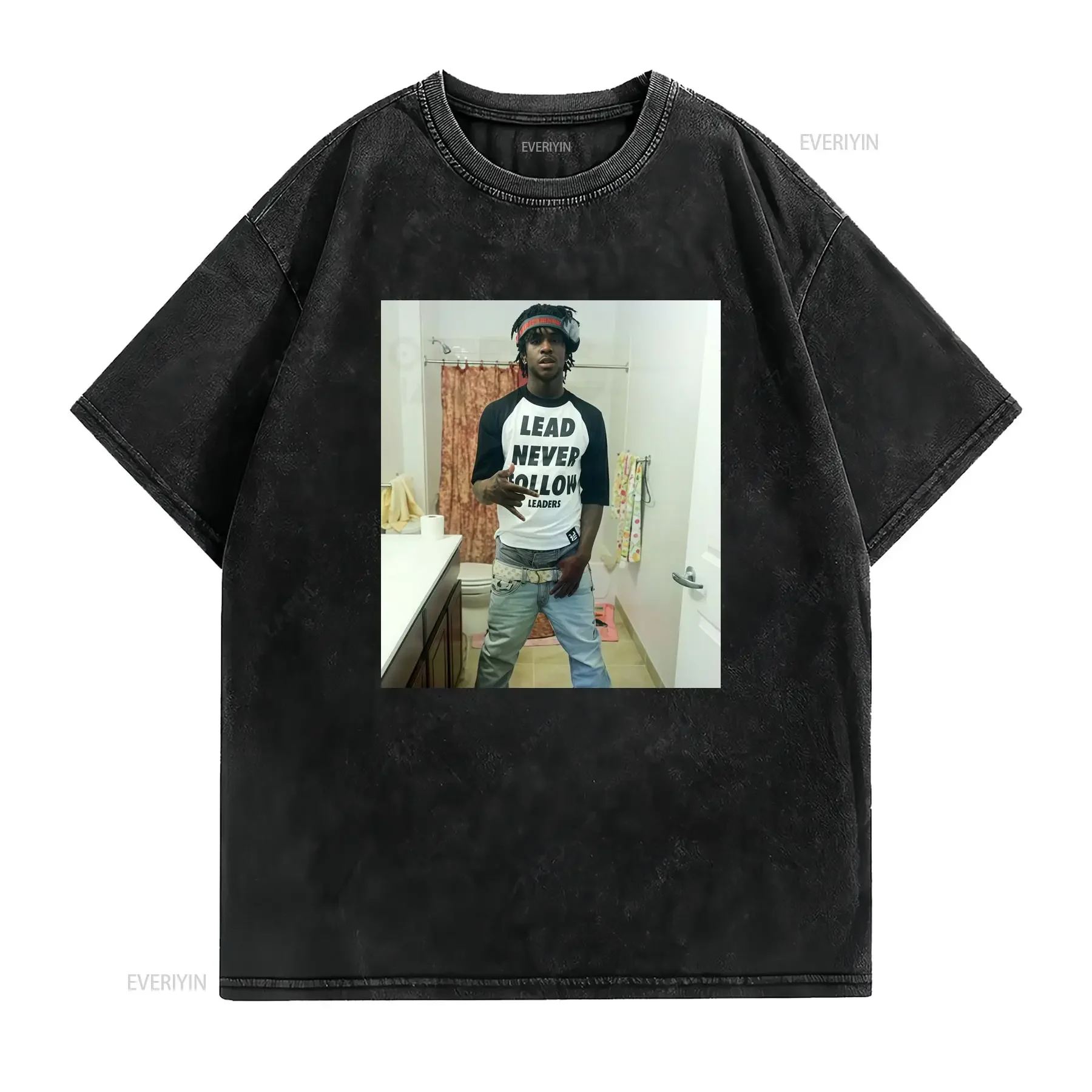 T shirt Chief Keef Lead Never Follow Leaders Meme Oversize Nera con Stampa Ritratto Logo Iconico del Rapper Streetwear vintage