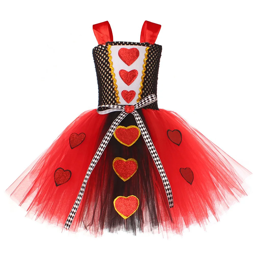 Red Queen of Hearts Dresses Disney Alice in Wonderland Fancy Baby Girl Clothes Carnival Halloween Outfit Crown Magic Stick Gown