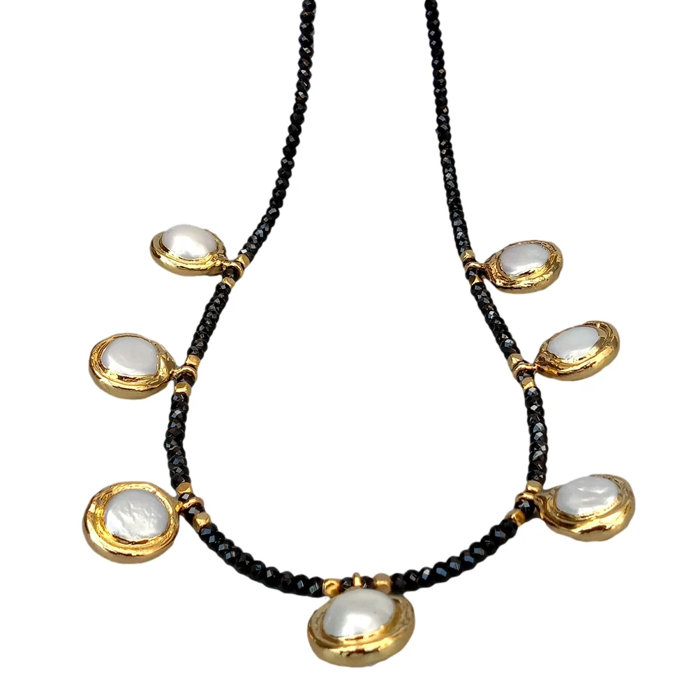 

Y·YING Natural 3mm Faceted Rondelle Black Spinel Necklace Cultured White Pearl Charm 17"