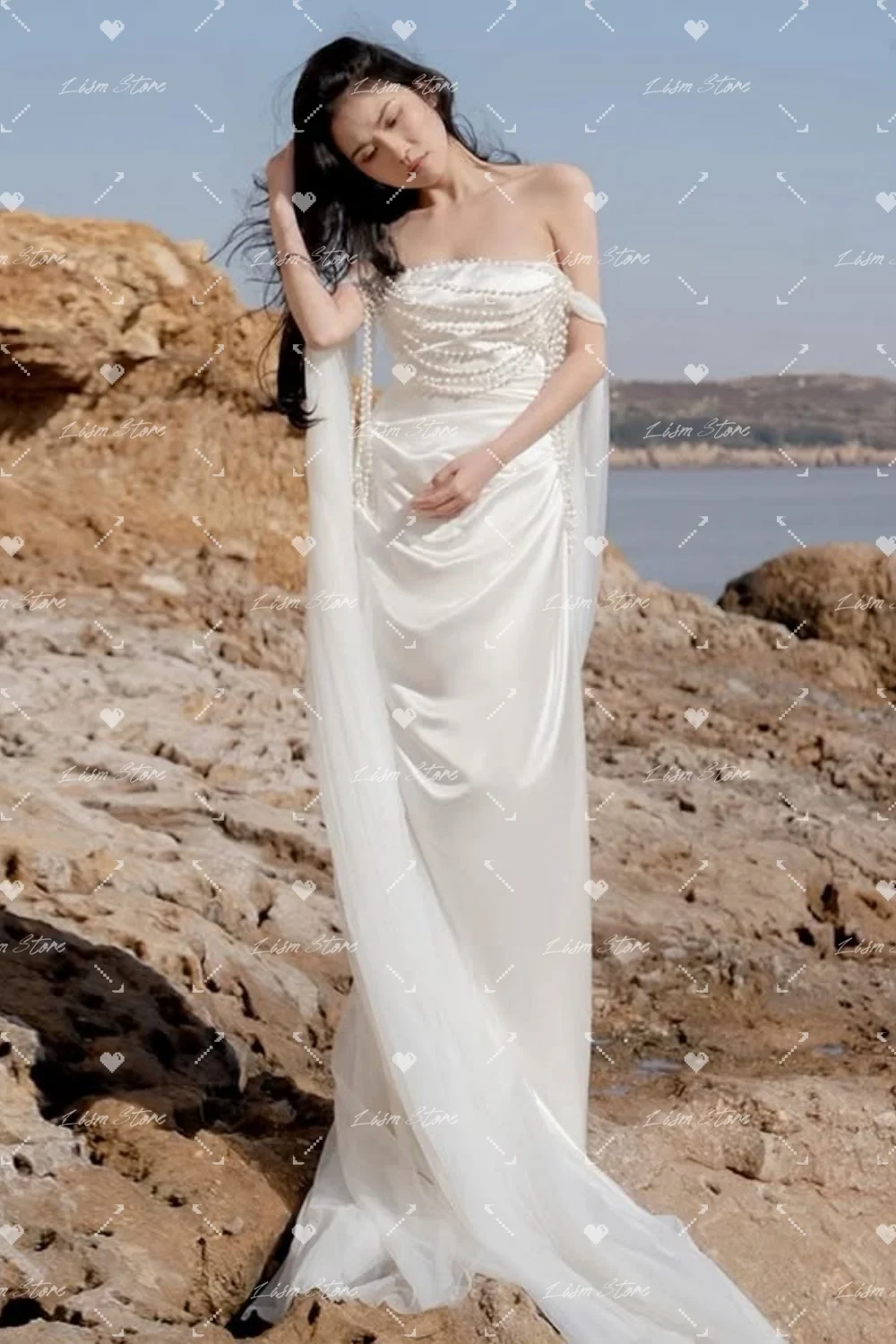 Lism Gorgeous Off Shoulder Wedding Dresses Strapless A-line Floor-Length Zip Beading Korea Wedding Dress Photo Shoot Customized