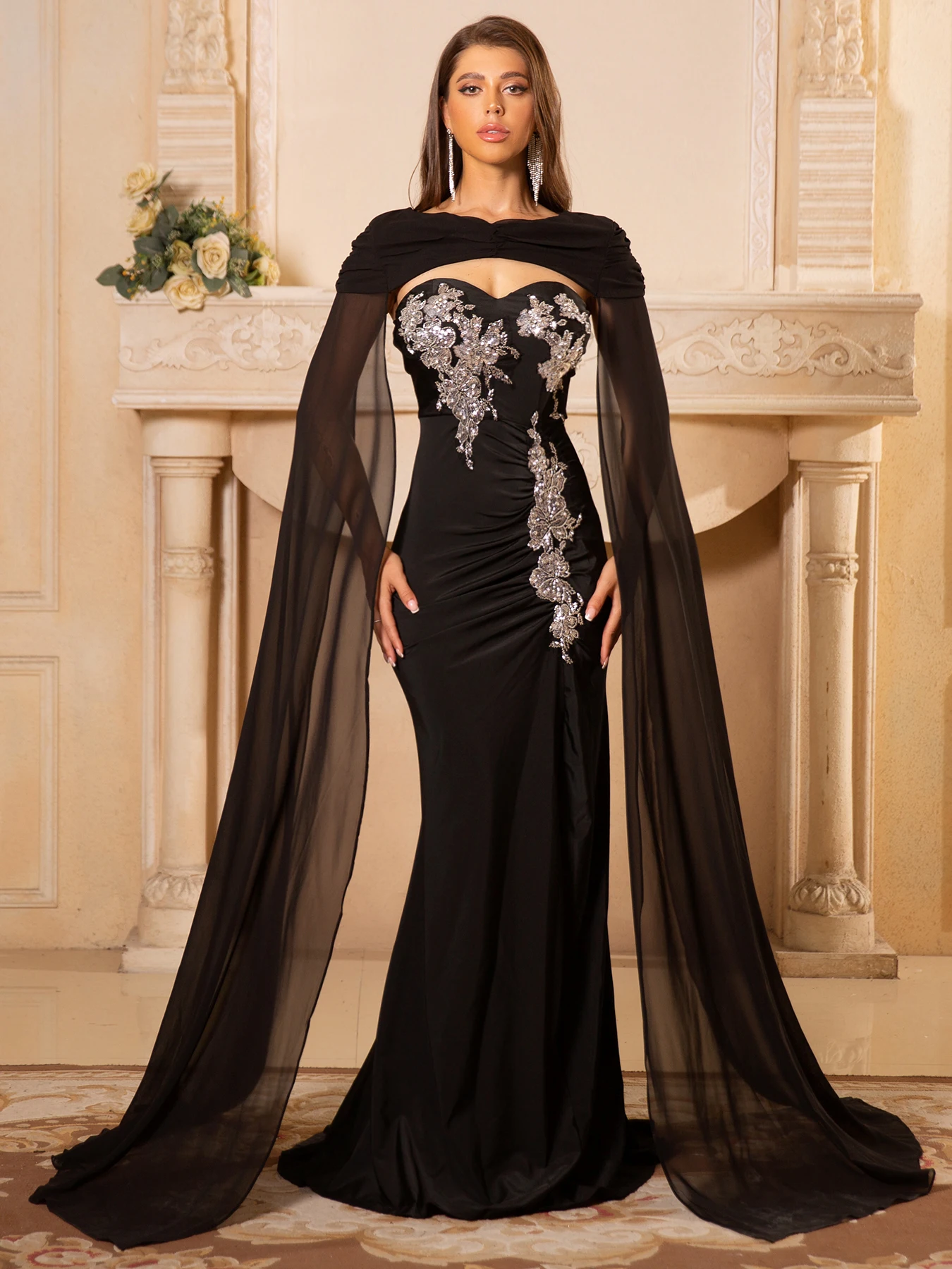 

Strapless Evening Gown With Long Chiffon Cape & Handmade Crystal-Embroidered Pleated Strapless Evening Dress