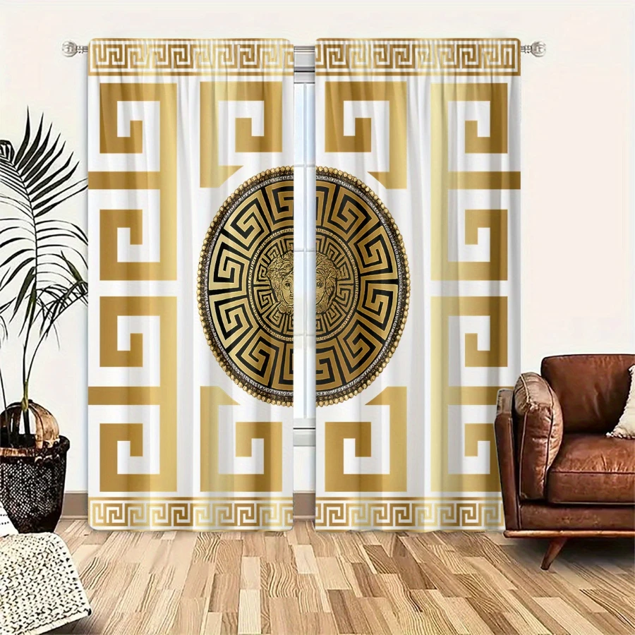 2PCS Digital Printed Curtains, Gold White Meander Design, Geometric Abstract Style for Living Room Bedroom Kitchen Home Decor