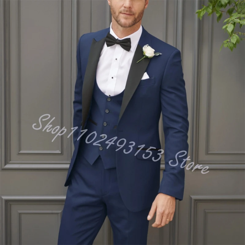 Royal Blue Wedding Suits For Men 3 Pieces Formal Groomsmen Bridegroom Wedding Tuxedos Blazer Vest Pants Trajes De Hombre