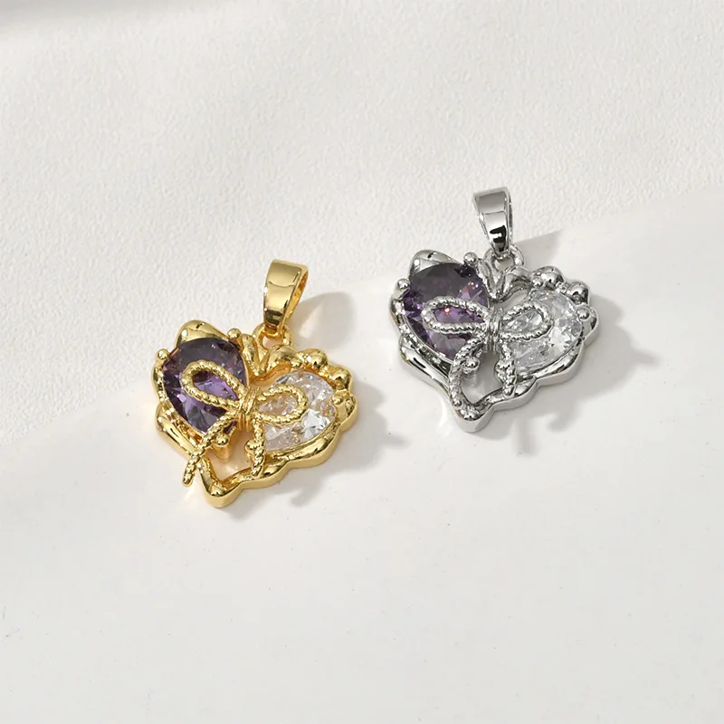 18k Plated Gold Color Retention High-end Bow Contrasting Purple Zirconium Love Pendant DIY Bracelet Necklace Jewelry Accessories