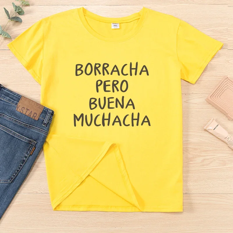 T-shirt DRUNK BUT GOOD GIRL Funny Spanish Basico Camiseta Mujer Letter Print Retro Women Crop Top Casual Short  Breathable  Tee