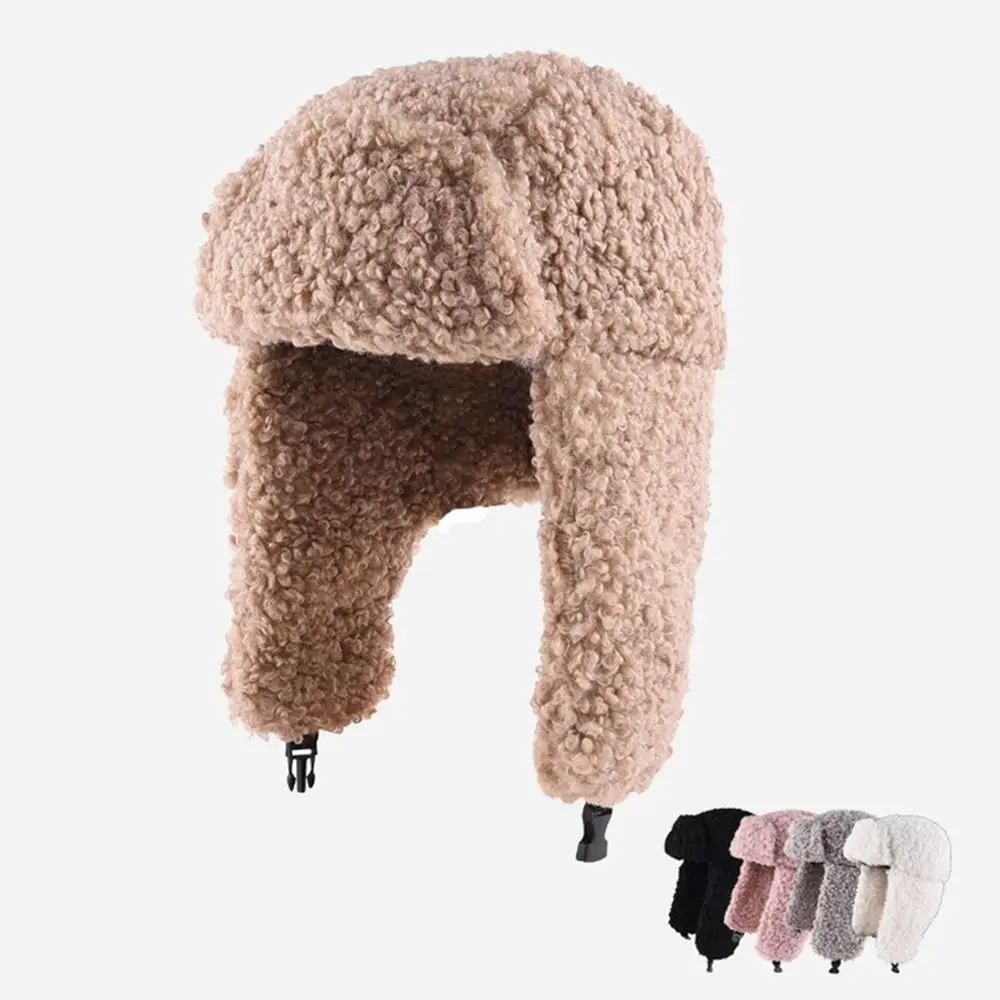 Fashion Solid Color Plush Hat Thickened Winter Warm Bonnet Caps Ear Protection for Outdoor Riding