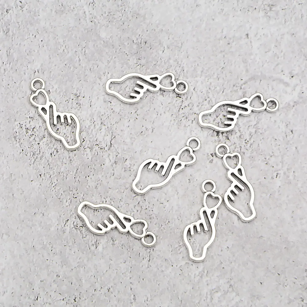 20pcs/Lots 8x22mm Antique Metal Hand Heart Love You Charms Cute Korean Craft Pendant For DIY Jewelry Making Supplies Accessories