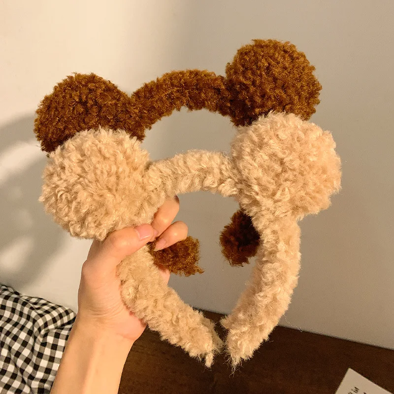 Brown Little Bear Ears Plush Face Wash Hair Band for Women facial mask Cartoon Girl Heart Band Hair Band for Autumn and Winter