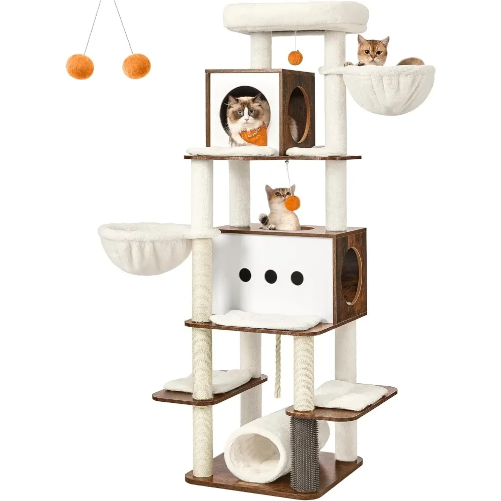 

Cat Tree, Tall Modern Cat Tower for Large Indoor Cats,Multi-Level Cat Condo with 2 Caves,2 Hammocks,4 Scratching Posts