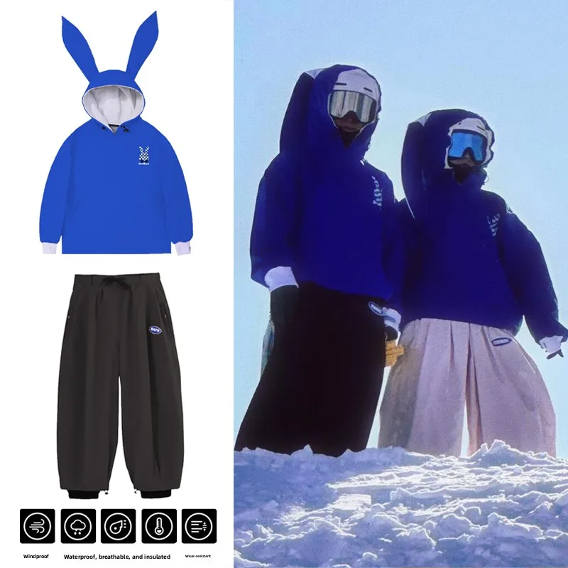 cute-rabbit-ear-snowboard-suit-set-outdoor-ex-waterproof-warm-windproof-snowproof-skiing-clothes-long-pants-hat-irt