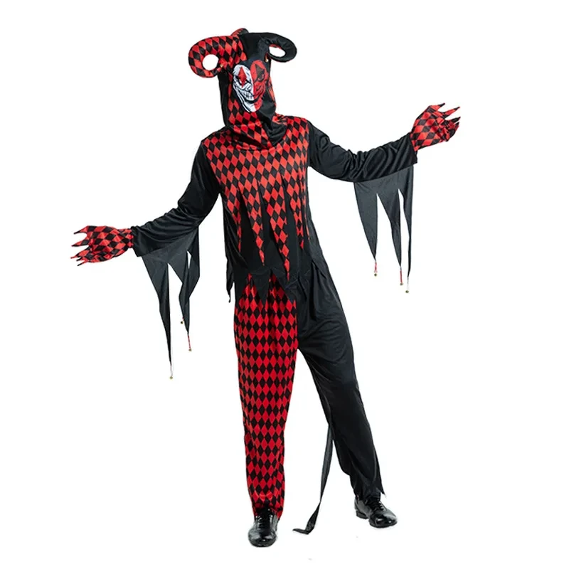 Men's Clown Costume Adult Evil circus Cosplay Scary Men Bloody Killer Outfit Halloween Carnival Party Horror Joker Fancy Dress