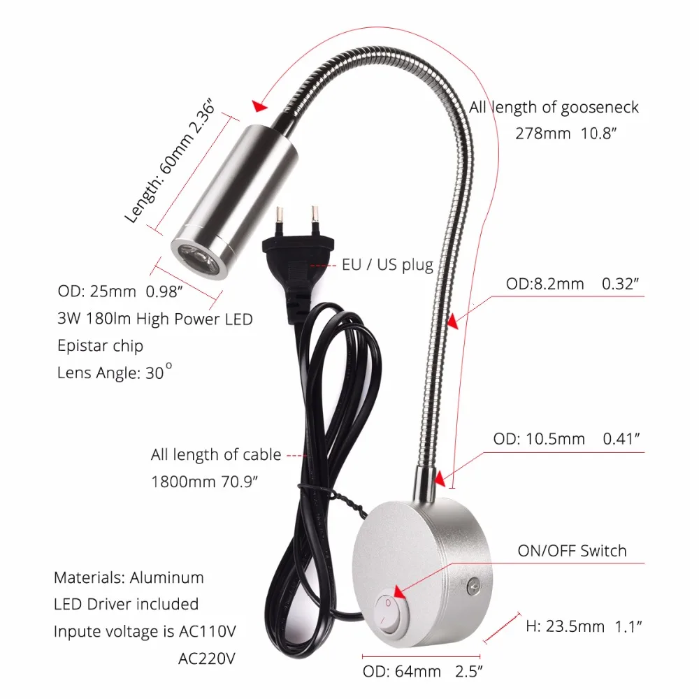 Lampe murale LED 3W moderne, chambre à coucher, chevet, lecture, étude, livre, lumière noire et argentée, corps, applique murale, prise EU US, cordon