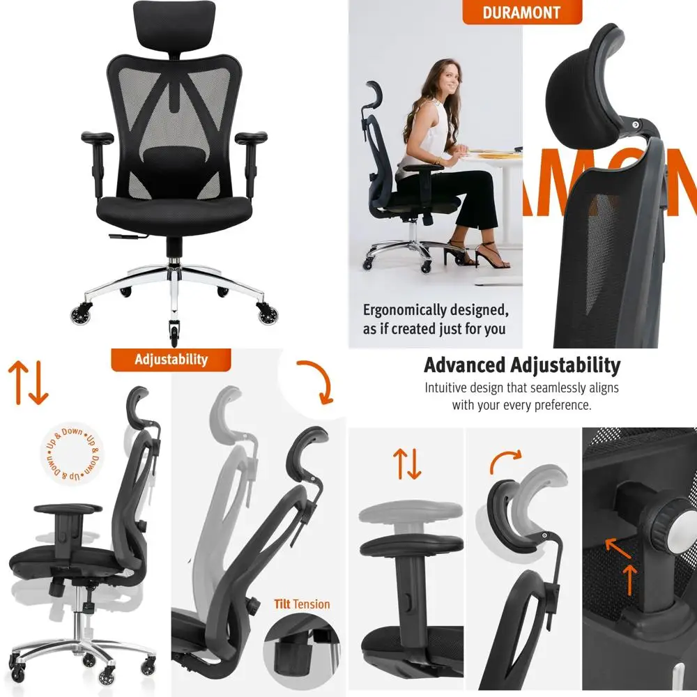 

Эргономичное офисное кресло с высокой спинкой, регулируемой поясничной опорой и плавными вращающимися колесами