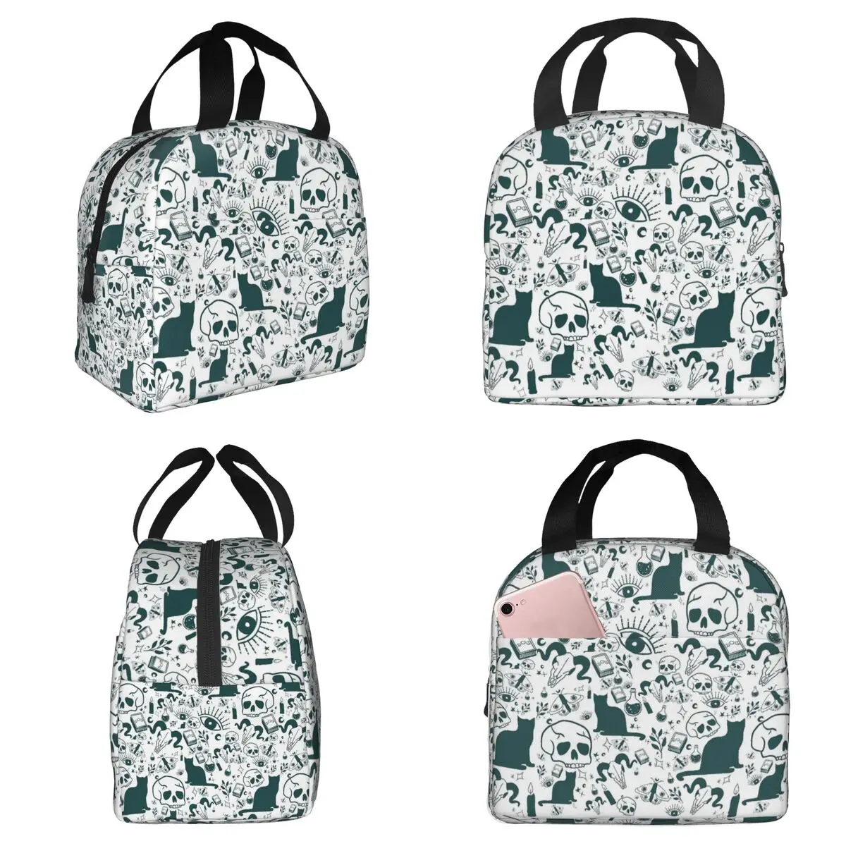 Cat Heads Witch Element And Skeleton Insulated Lunch Bag for Office Cooler Thermal Food Box Tote Portable Lunch Boxes Container