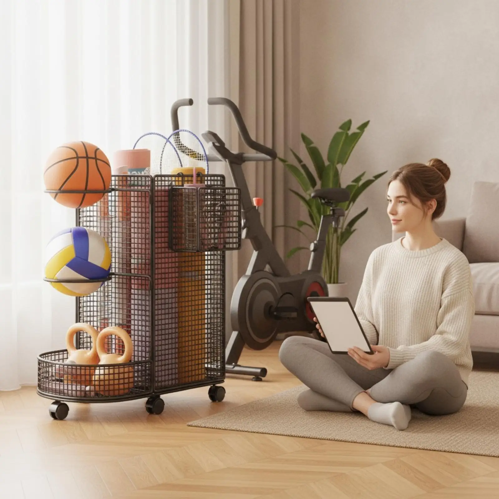 Home Gym Organizer Cart with Wheels and Wire Mesh Basket for Sports Gear and Exercise Supplies
