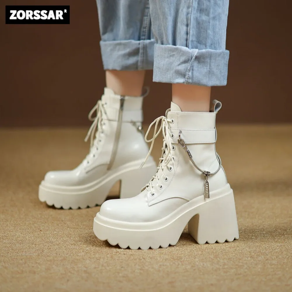 

Women Motorcycle Boots High Heel Platform Ankle Boots Female Gothic Punk Style Cow Leather Solid Winter Warm Plush Woman Booties