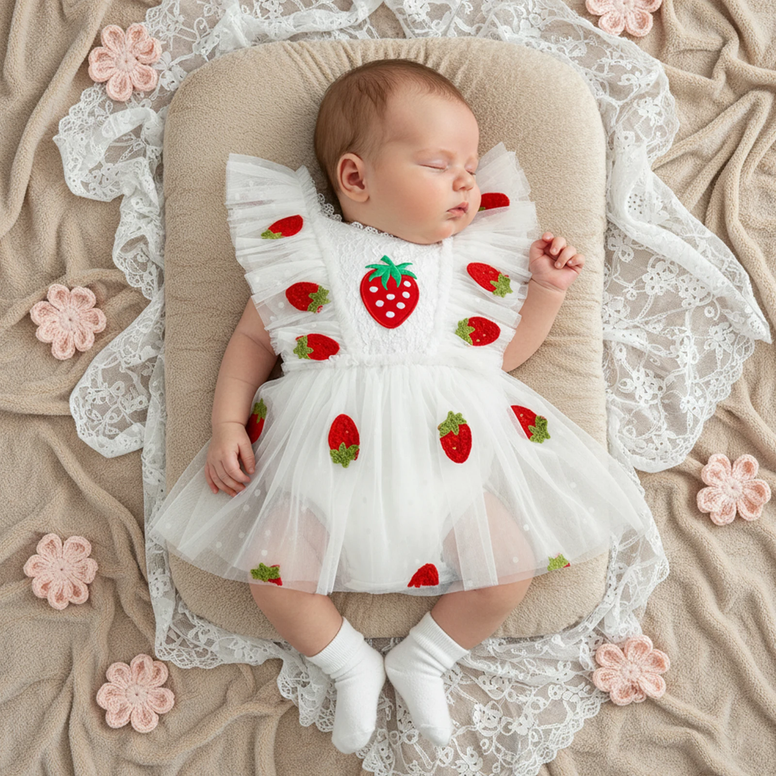 

Комбинезон для маленьких девочек, летний комбинезон с круглым вырезом и летящими рукавами, вышивкой ромашки/клубничным декором