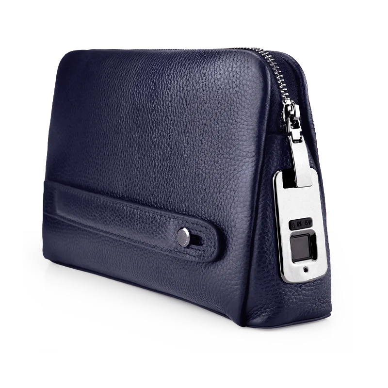 

Fingerprint lock clutch hand bag waterproof Genuine Leather anti theft smart men's Handbag