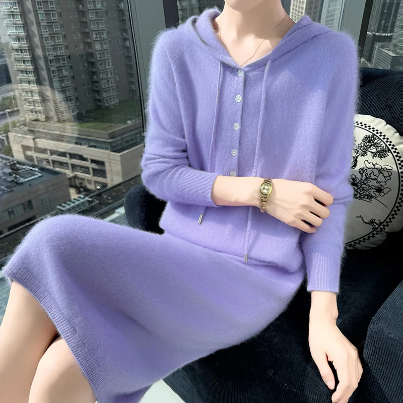 2026New 100%Pure Mink Cashmere Hooded Long Skirt ,Women's Hoodie Drawstring Dress Fashion Loose Knitwear Autumn Bottoming Skirts