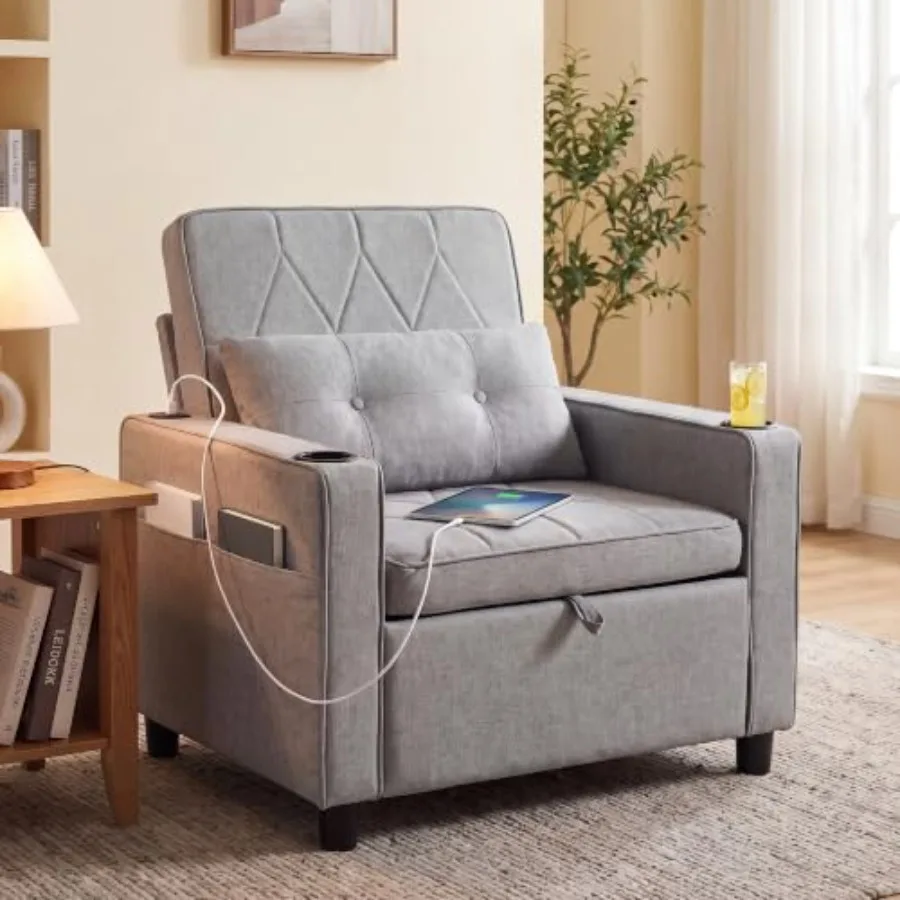 Convertible Sleeper Chair Bed Fold-Out Futon Sofa Bed for Living Room, Gray, Space-Saving Design with Comfortable Memory Foam C