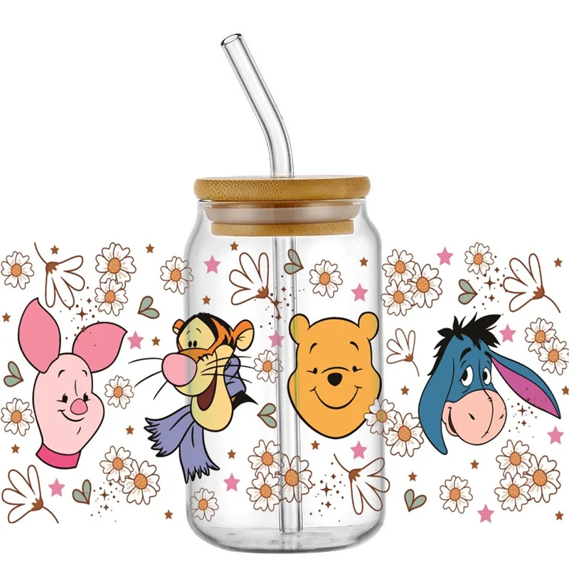 Miniso adesivo de transferência de desenho animado pooh e amigo uv dtf copo envoltório para óculos libbey de 16oz à prova d'água diy adesivo decalque de caneca