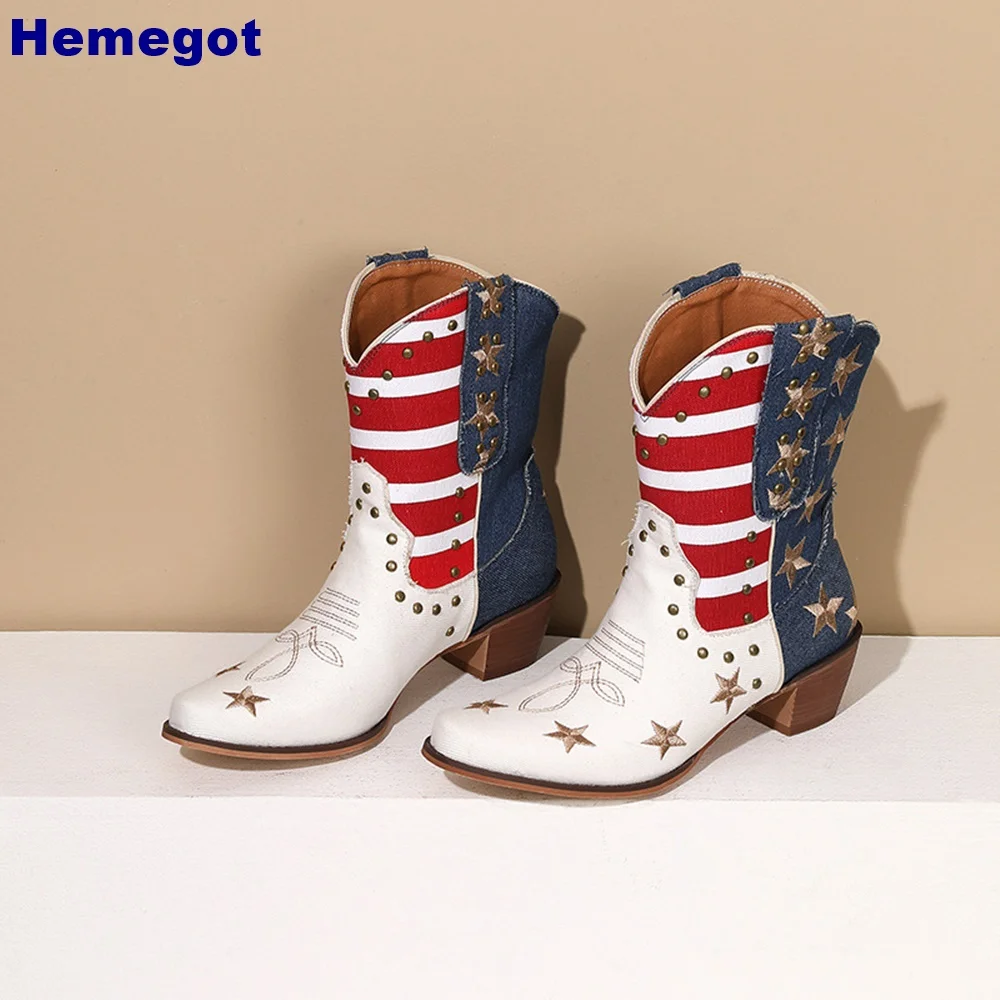 

Five-Star Stripes Sexy Short Boots Autumn Rivet Stitching Mixed Color Fashion Women Knight Boots Street Thick Heel Casual Boots