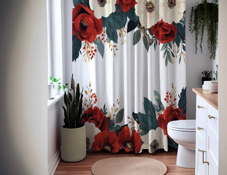 Burgundy Floral Shower Curtain, Romantic Red and Ivory Flower Bathroom Decor, Elegant Vintage Fabric Curtain Modern Homes