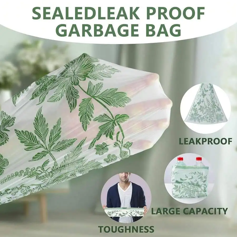 

Sealed Leak Proof Garbage Bag 8 Gallon Drawstring With Leaf Print Tear Resistant Large Capacity
