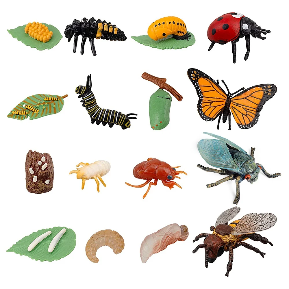 

YSUN-16 шт. фигурки насекомых жизненный цикл монархи бабочки, медоносная пчела, какаода, божьей коровки, пластиковый образовательный школьный проект