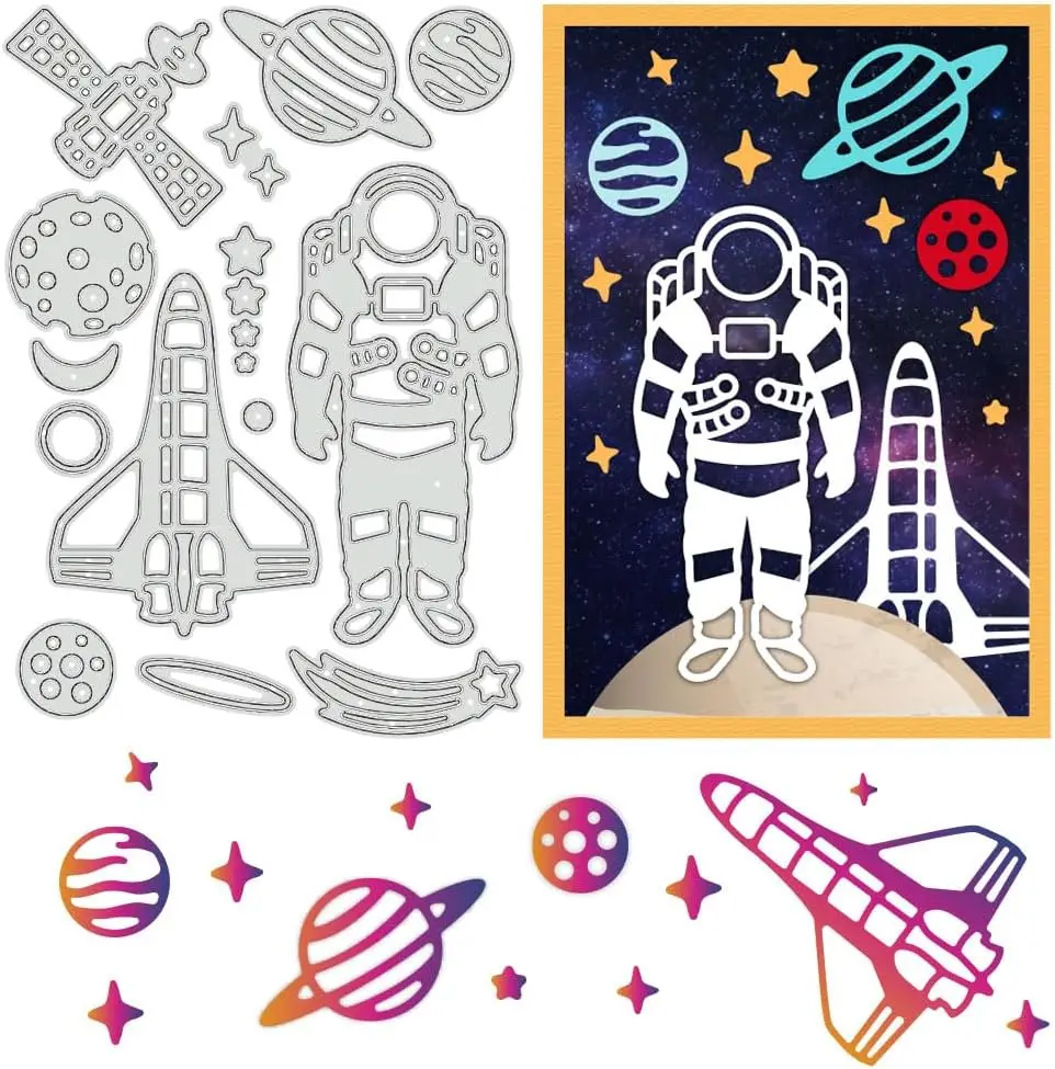 Astronaut Cutting Dies, Cosmic Element Metal Stencils Spaceship Moon Decorative Embossing Stencils for Scrapbooking, Photo